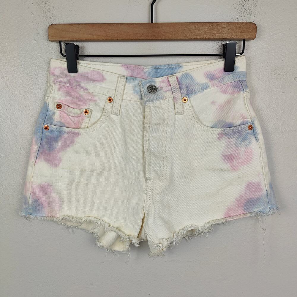 Levi's White Denim Tie-Dye Jean Shorts with Pink & Blue Accents